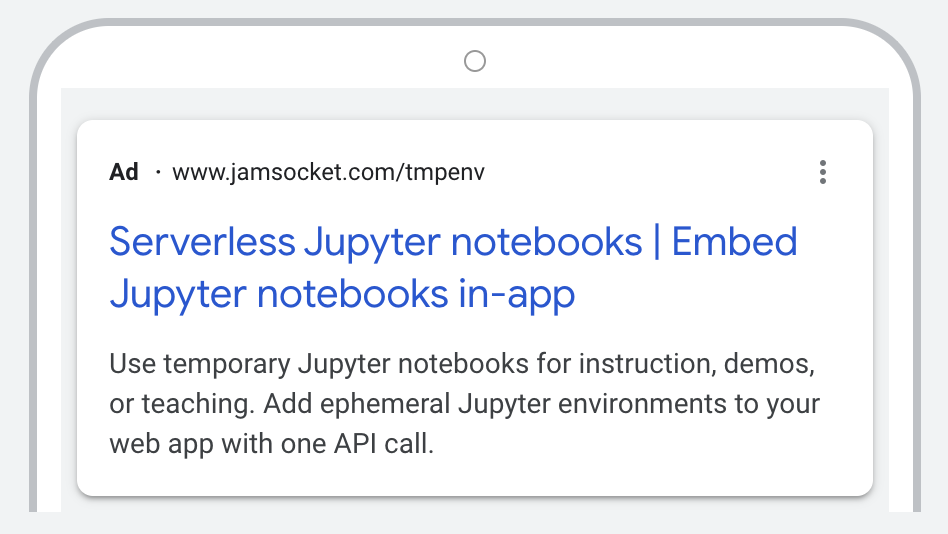 A Google ad preview for a product called Jamsocket offering serverless Jupyter notebooks
