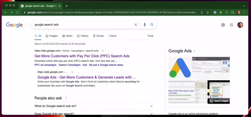 A screen capture showing an attempt at running a search ad which results in an app ad workflow.
