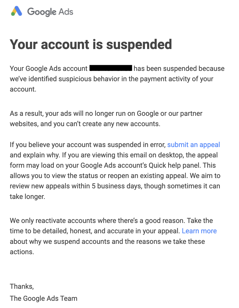 Email that says: your Google account has been suspended because we've identified suspicious behavior in the payment activity of your account.